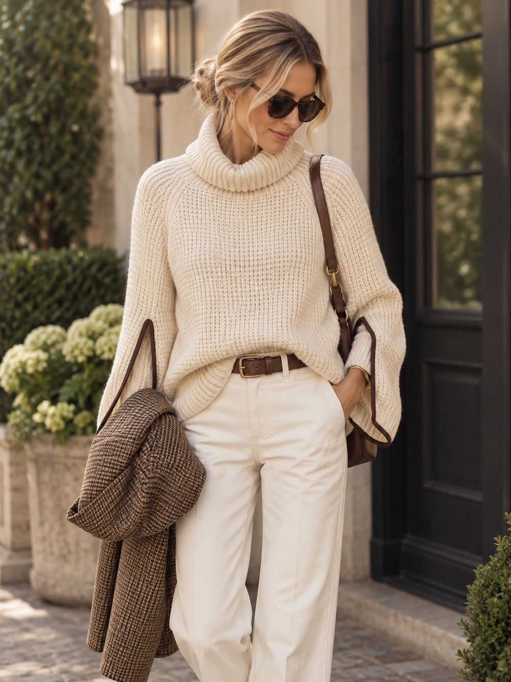 Ralph Lauren Cream Chunky Turtleneck Cape Poncho Sweater with Contrast Trim